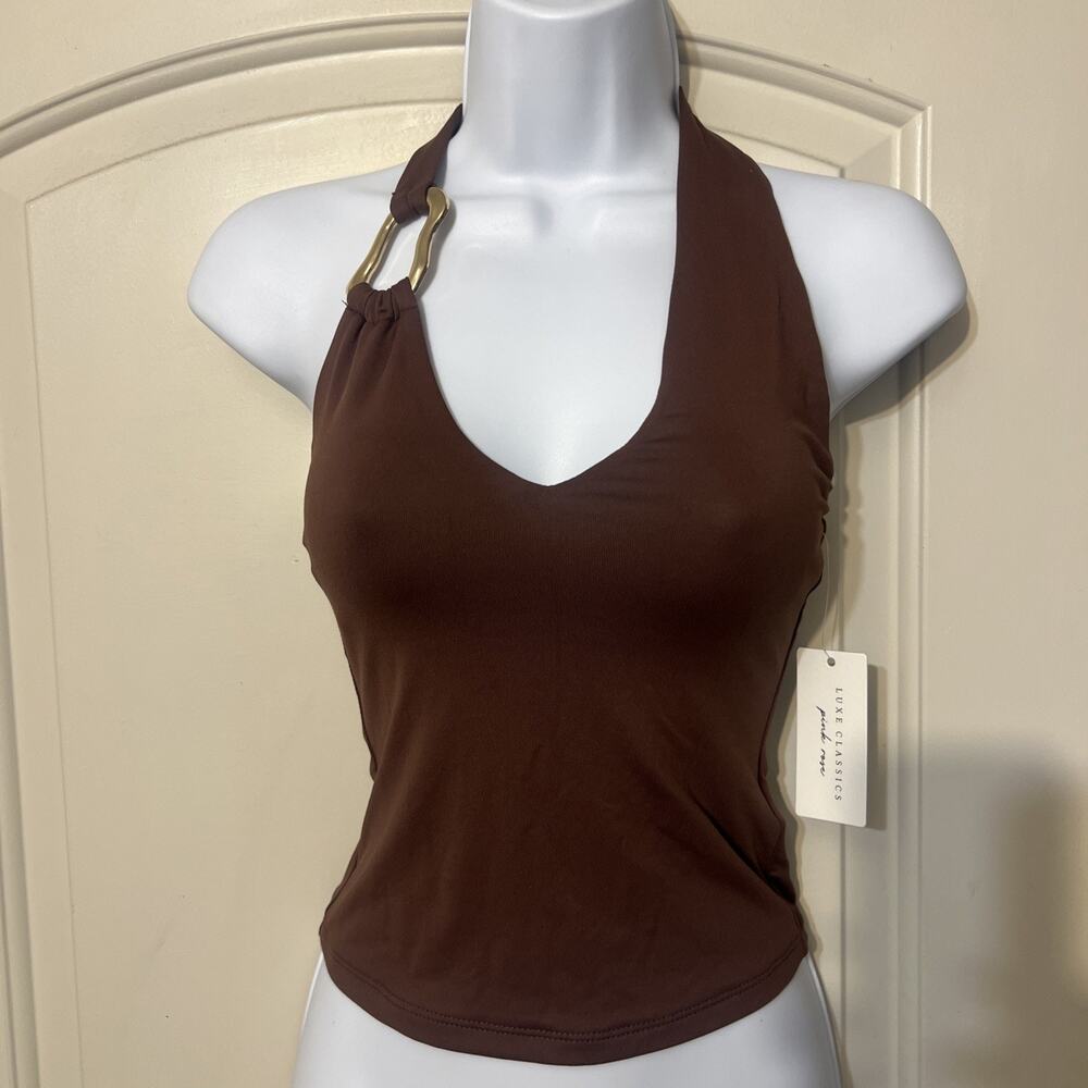 Chocolate Brown Halter Top, Gold Jeweled Heart Accents, Size XS